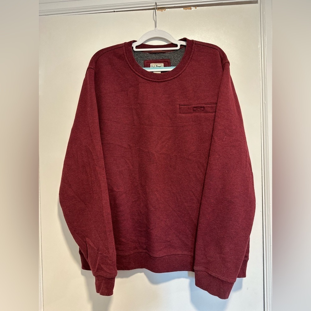 LL Bean Mens Sz:XL maroon Sherpa Fleece Lined Thermal Waffle Knit Crewneck Shirt